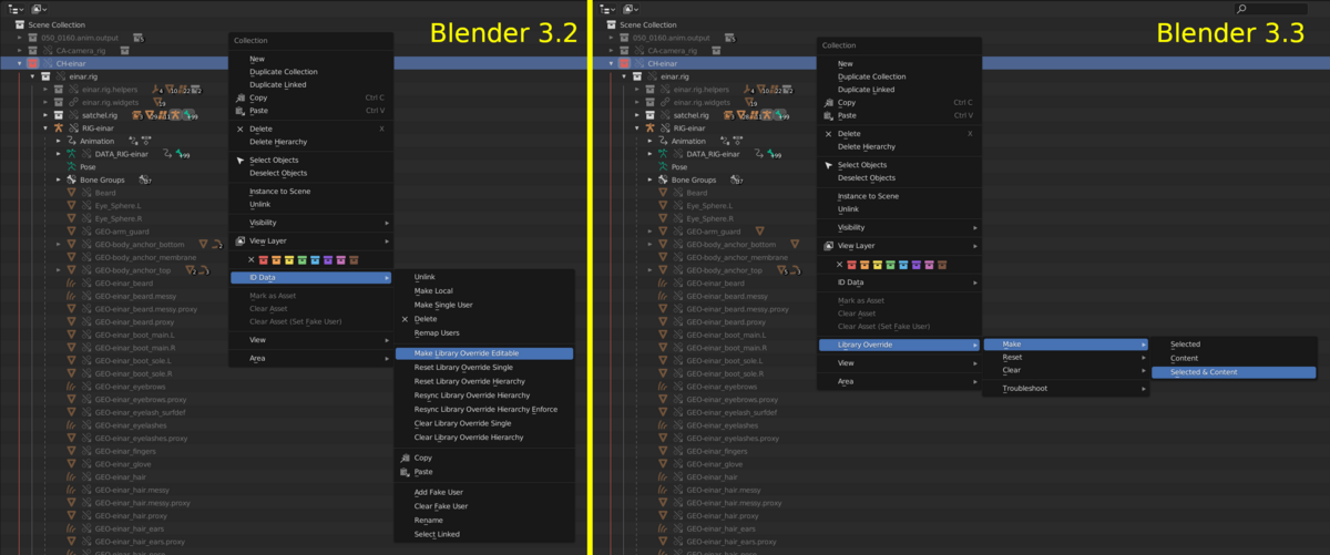 Library Override menu in the Outliner, Blender 3.2 vs. 3.3
